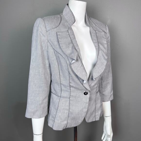 White House Black Market Blazer Jacket size 8 linen ruffle gray feminine office - Picture 9 of 11